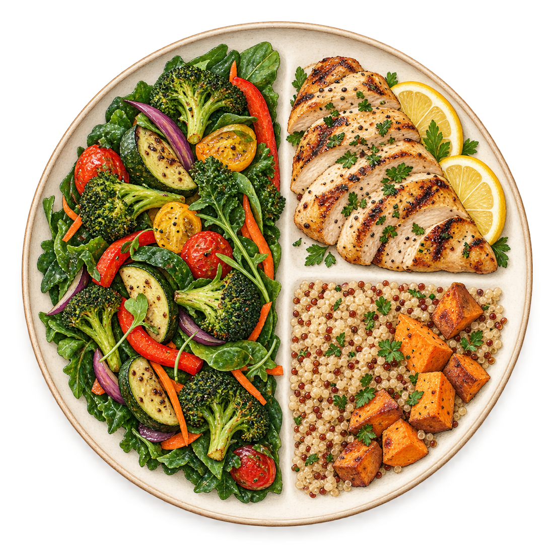 Illustrated balanced plate with half colorful produce, one quarter lean protein, and one quarter whole grains and starches