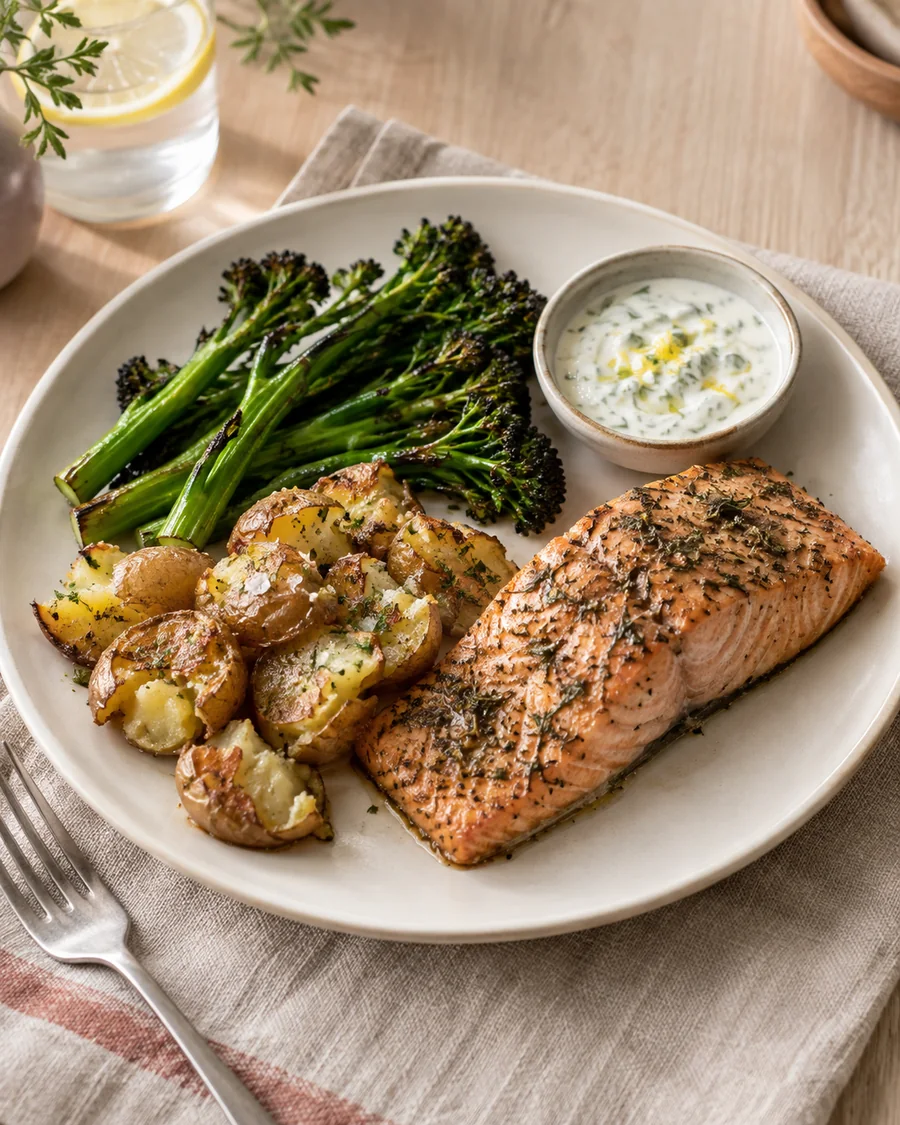 Herb-roasted salmon plate with crushed potatoes, broccolini, and lemon yogurt sauce