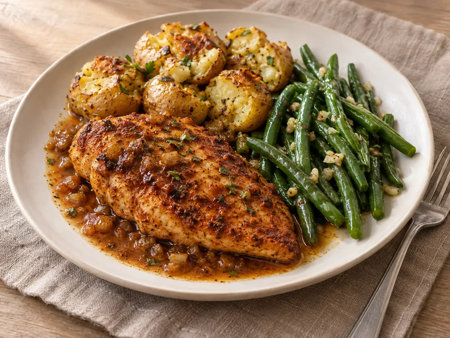 Paprika chicken plate with smashed potatoes, green beans, and pan sauce