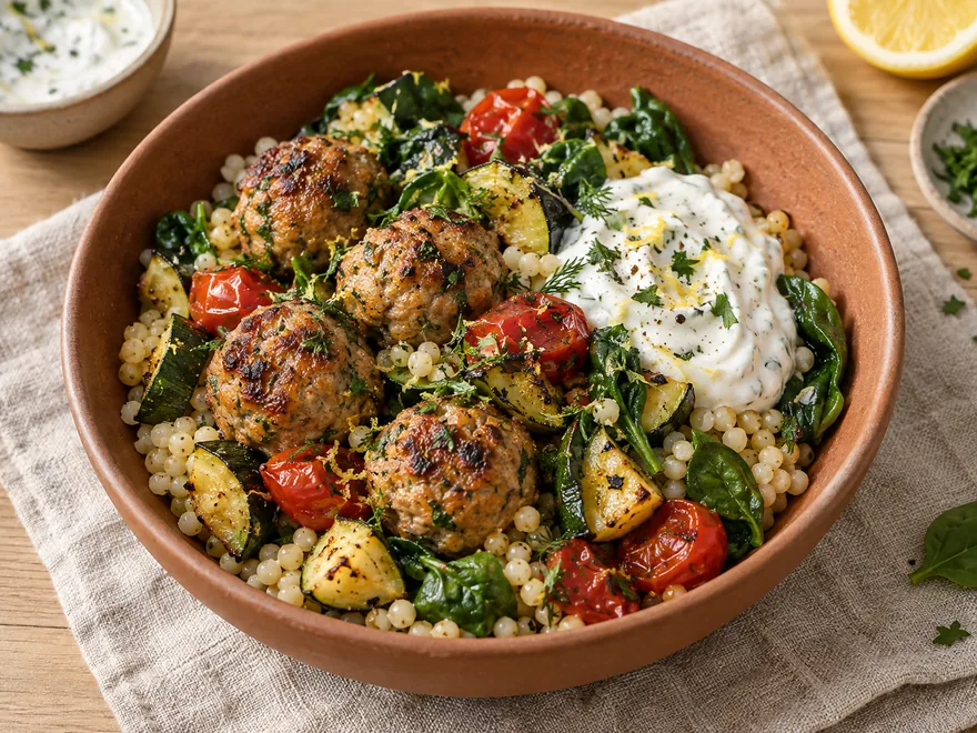 Turkey meatball and pearl couscous bowl with zucchini, tomatoes, spinach, and lemon yogurt