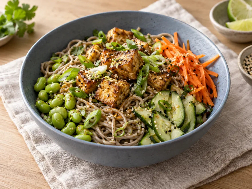 Sesame tofu soba noodle bowl with edamame, cucumber, carrot, and scallions